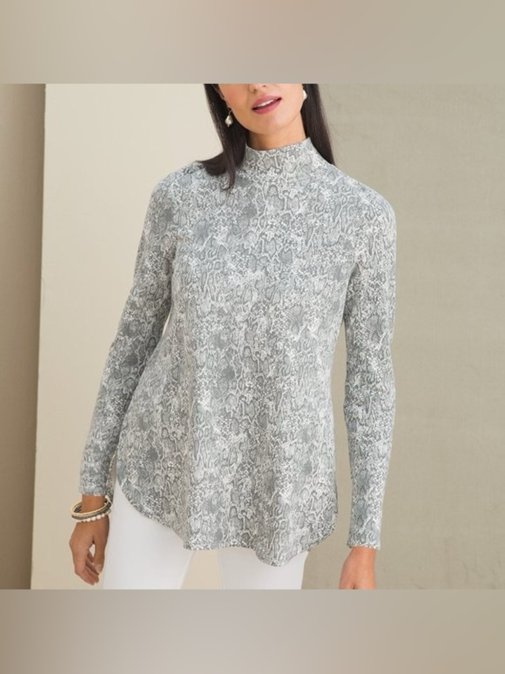 Chico’s | Gray Snake Print Mock Neck Tunic Top | XL